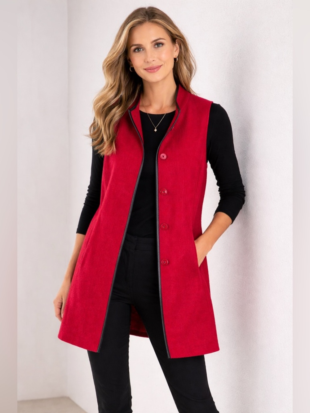 Chicos Women's Sz 0 (US-XS) Red 100% Wool Long Vest Faux Black Leather Trim